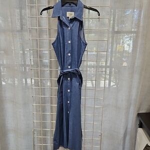 Fifteen Twenty Sleeveless Button-Front Midi Dress in Denim Blue